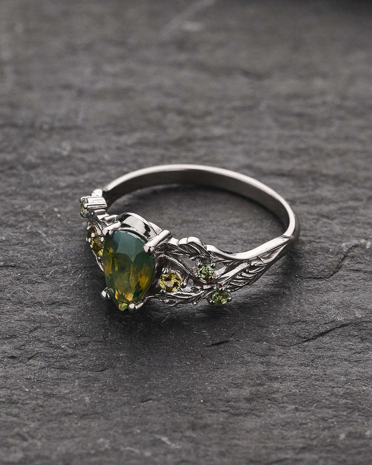 READY TO SHIP Japanese Maple Engagement Ring with Pear-Cut Opalescent Yellowish-green Sapphire and Accent Sapphires, 14K white gold, RING SIZES 5.5 - 8.5 US