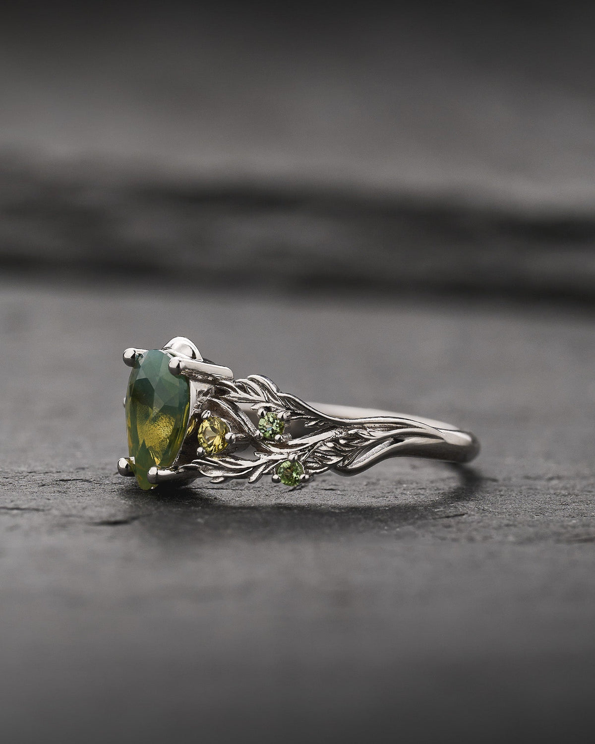 READY TO SHIP Japanese Maple Engagement Ring with Pear-Cut Opalescent Yellowish-green Sapphire and Accent Sapphires, 14K white gold, RING SIZES 5.5 - 8.5 US