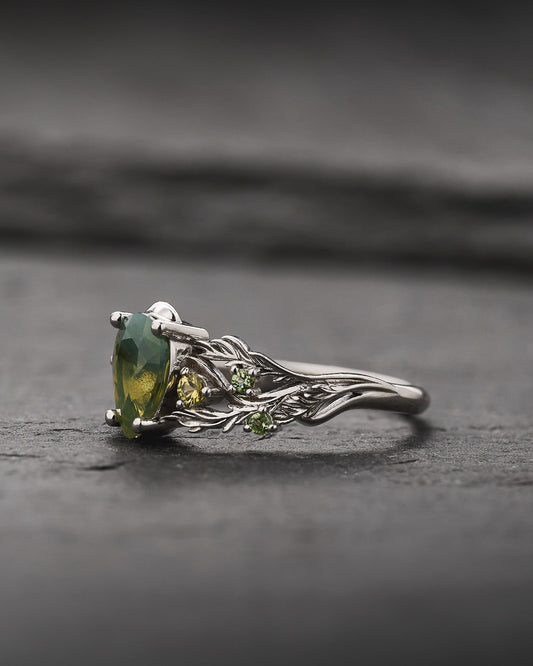 READY TO SHIP Japanese Maple Engagement Ring with Pear-Cut Opalescent Yellowish-green Sapphire and Accent Sapphires, 14K white gold, RING SIZES 5.5 - 8.5 US