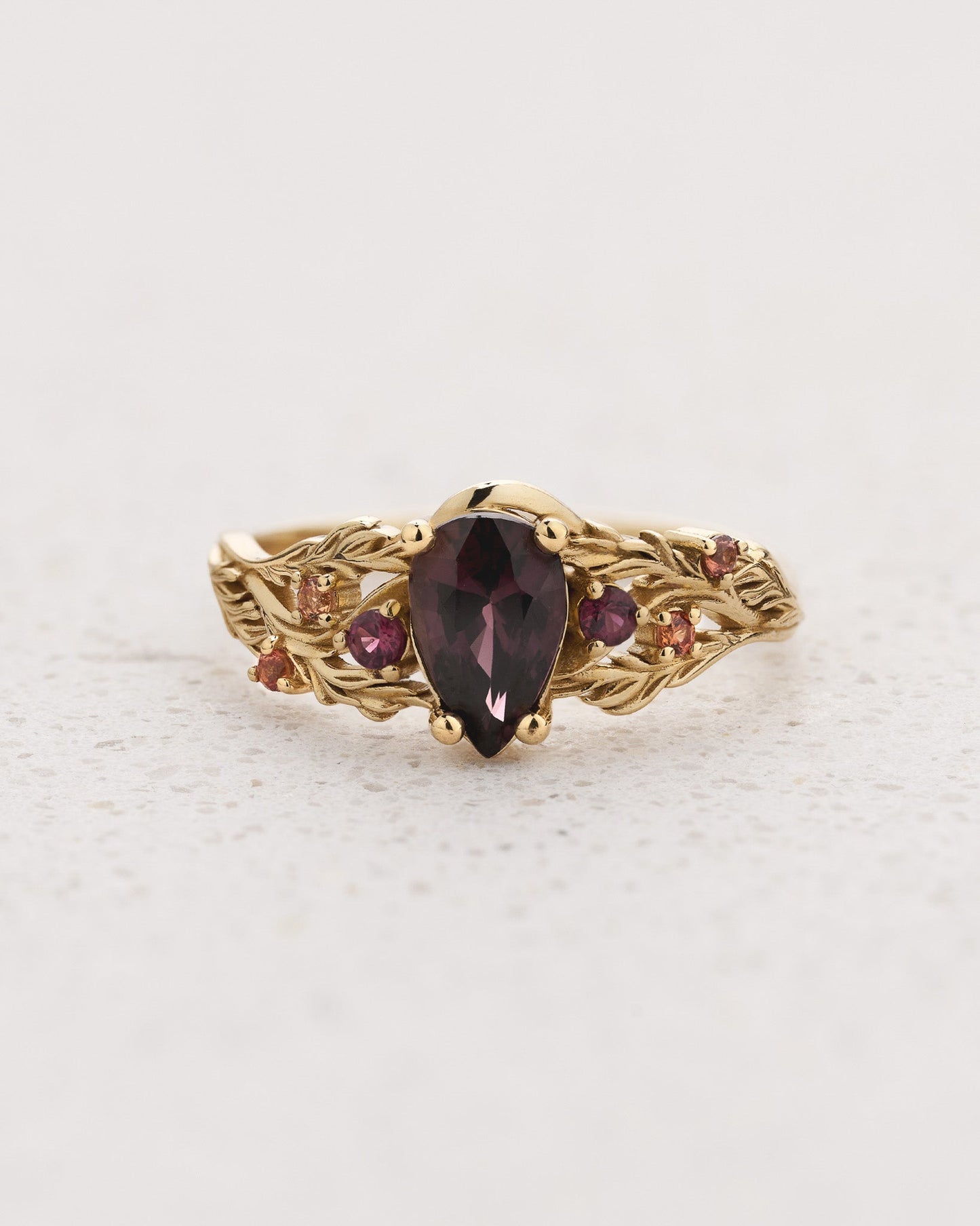 READY TO SHIP Japanese Maple Engagement Ring with Pear-Cut Reddish-Brown Sapphire and Accent Sapphires, 14K yellow gold, RING SIZES 5.5 - 8.5 US