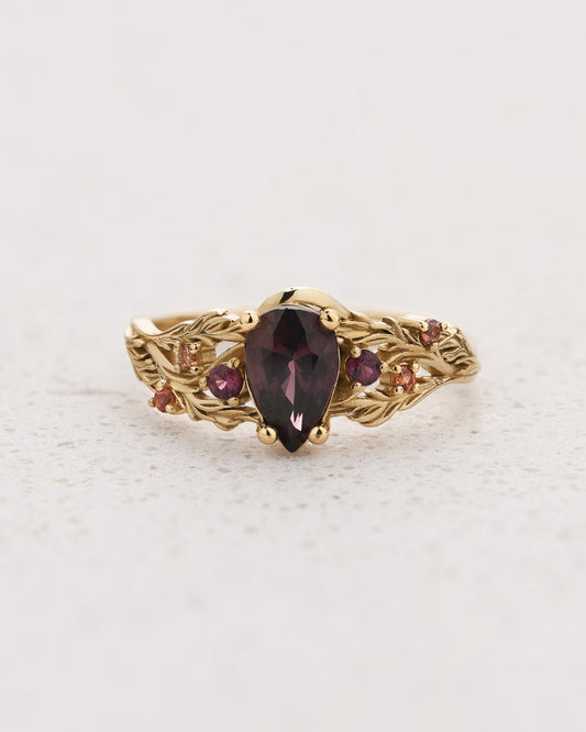 READY TO SHIP Japanese Maple Engagement Ring with Pear-Cut Reddish-Brown Sapphire and Accent Sapphires, 14K yellow gold, RING SIZES 5.5 - 8.5 US
