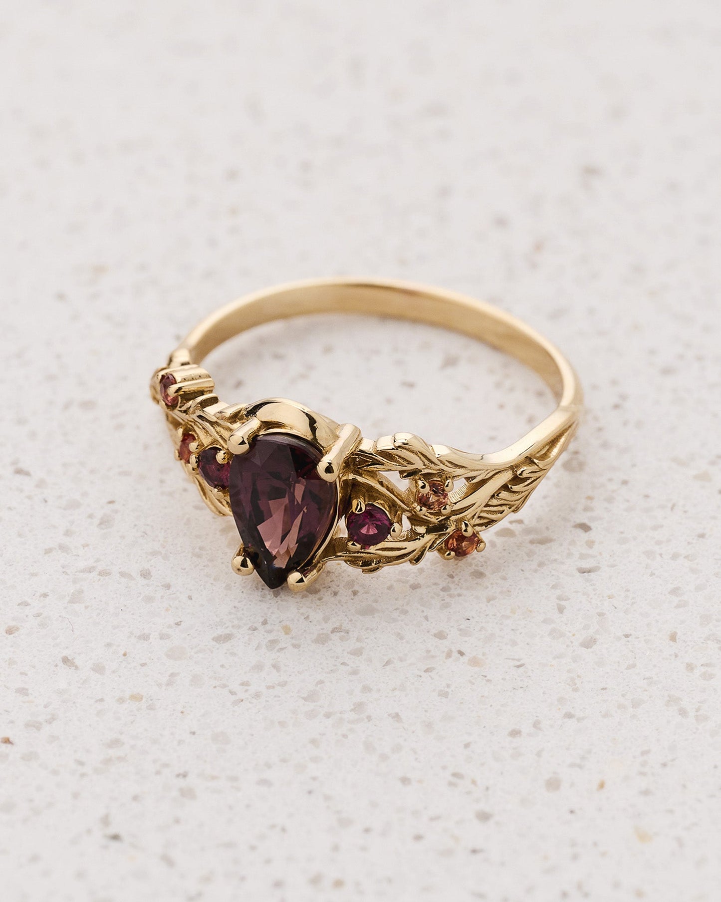 READY TO SHIP Japanese Maple Engagement Ring with Pear-Cut Reddish-Brown Sapphire and Accent Sapphires, 14K yellow gold, RING SIZES 5.5 - 8.5 US