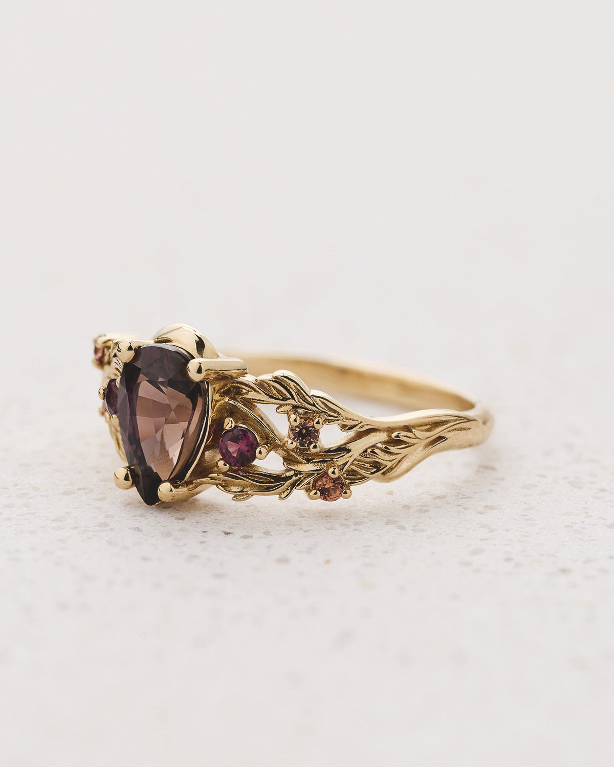 READY TO SHIP Japanese Maple Engagement Ring with Pear-Cut Reddish-Brown Sapphire and Accent Sapphires, 14K yellow gold, RING SIZES 5.5 - 8.5 US
