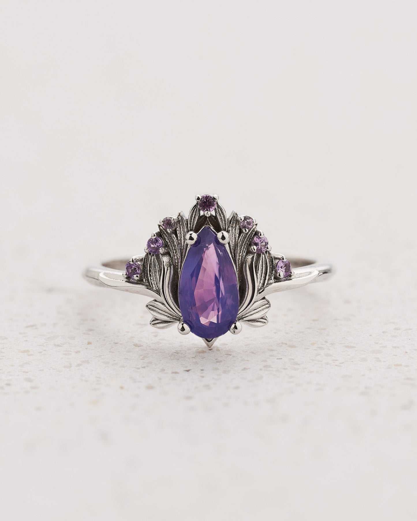 READY TO SHIP Iris Engagement Ring with Pear-Cut Opalescent Purple Sapphire and Accent Sapphires, 14K white gold, RING SIZES 5.5 - 8.5 US