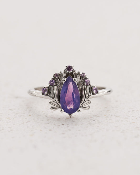 READY TO SHIP Iris Engagement Ring with Pear-Cut Opalescent Purple Sapphire and Accent Sapphires, 14K white gold, RING SIZES 5.5 - 8.5 US