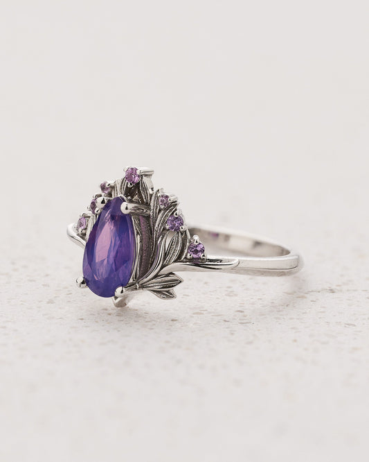 READY TO SHIP Iris Engagement Ring with Pear-Cut Opalescent Purple Sapphire and Accent Sapphires, 14K white gold, RING SIZES 5.5 - 8.5 US