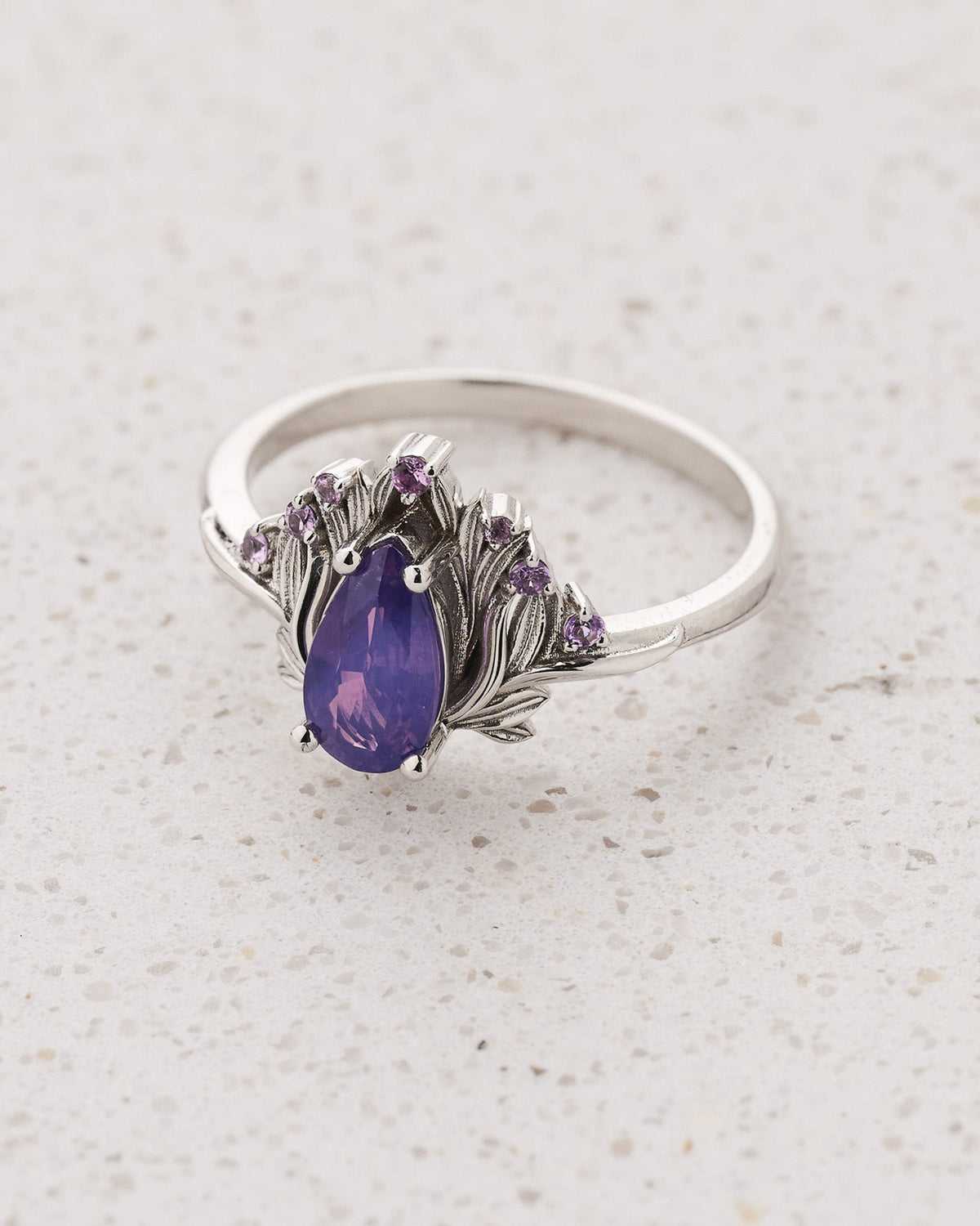 READY TO SHIP Iris Engagement Ring with Pear-Cut Opalescent Purple Sapphire and Accent Sapphires, 14K white gold, RING SIZES 5.5 - 8.5 US