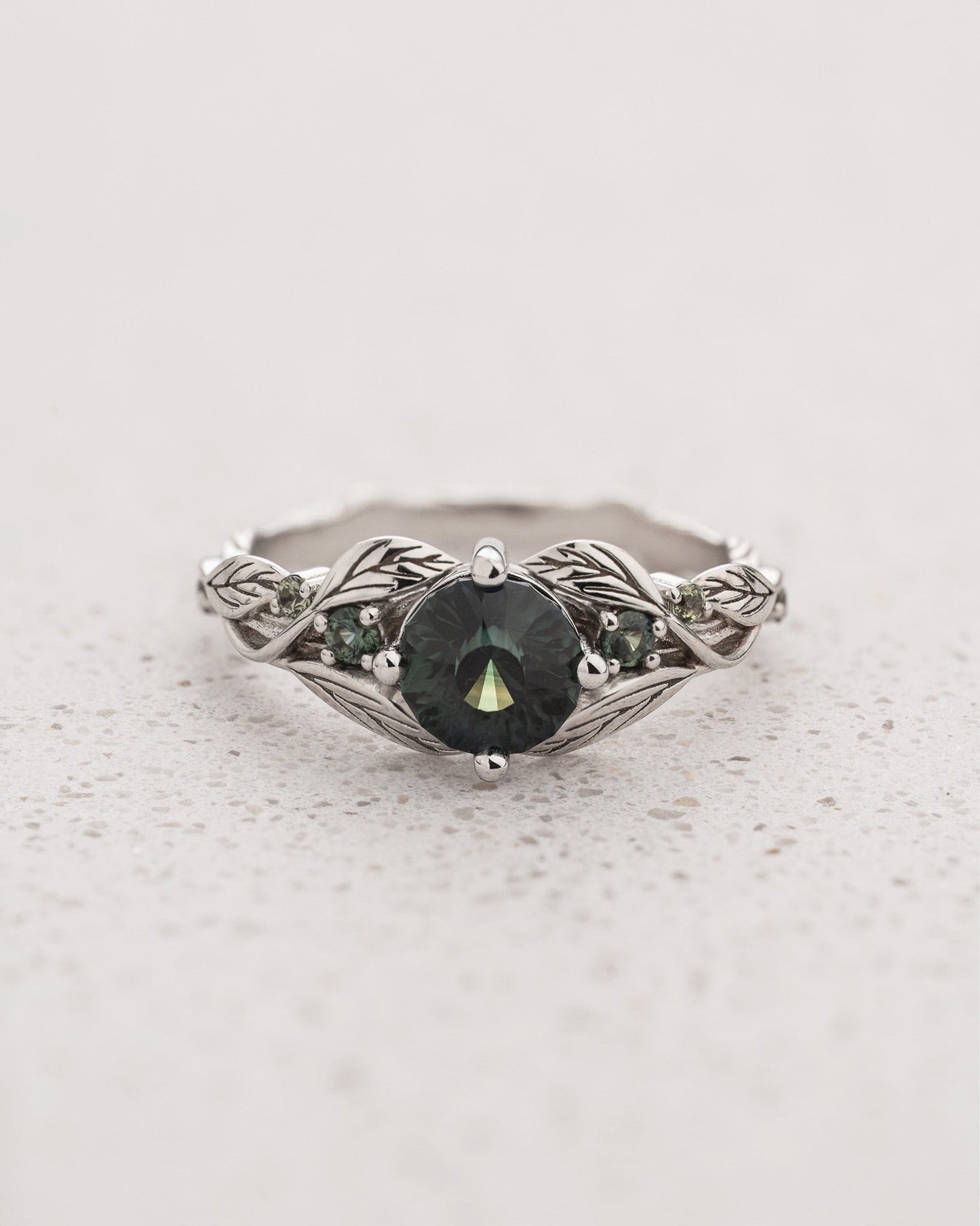 READY TO SHIP Clematis Engagement Ring with Round Teal Sapphire and Accent Sapphires, 14K white gold, AVAILABLE RING SIZES: 5.5 - 8.5 US