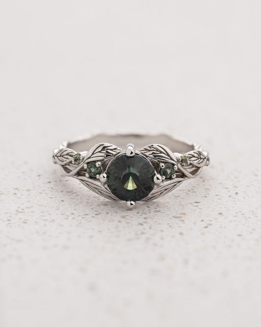 READY TO SHIP Clematis Engagement Ring with Round Teal Sapphire and Accent Sapphires, 14K white gold, AVAILABLE RING SIZES: 5.5 - 8.5 US