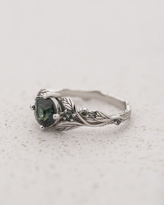READY TO SHIP Clematis Engagement Ring with Round Teal Sapphire and Accent Sapphires, 14K white gold, AVAILABLE RING SIZES: 5.5 - 8.5 US
