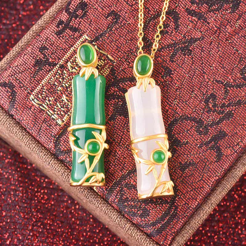 Fortune Jewel White Jade Cyan Jade Bamboo Protection Necklace Pendant