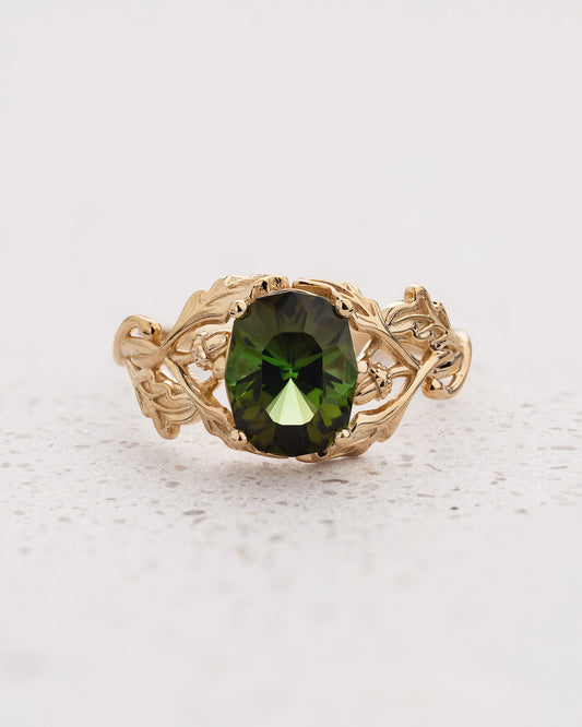 READY TO SHIP Dair Engagement Ring with Oval Green Tourmaline, 14K yellow gold, AVAILABLE RING SIZES: 5.5 - 8.5 US
