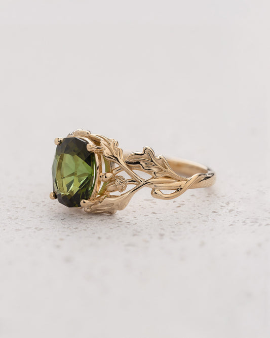 READY TO SHIP Dair Engagement Ring with Oval Green Tourmaline, 14K yellow gold, AVAILABLE RING SIZES: 5.5 - 8.5 US