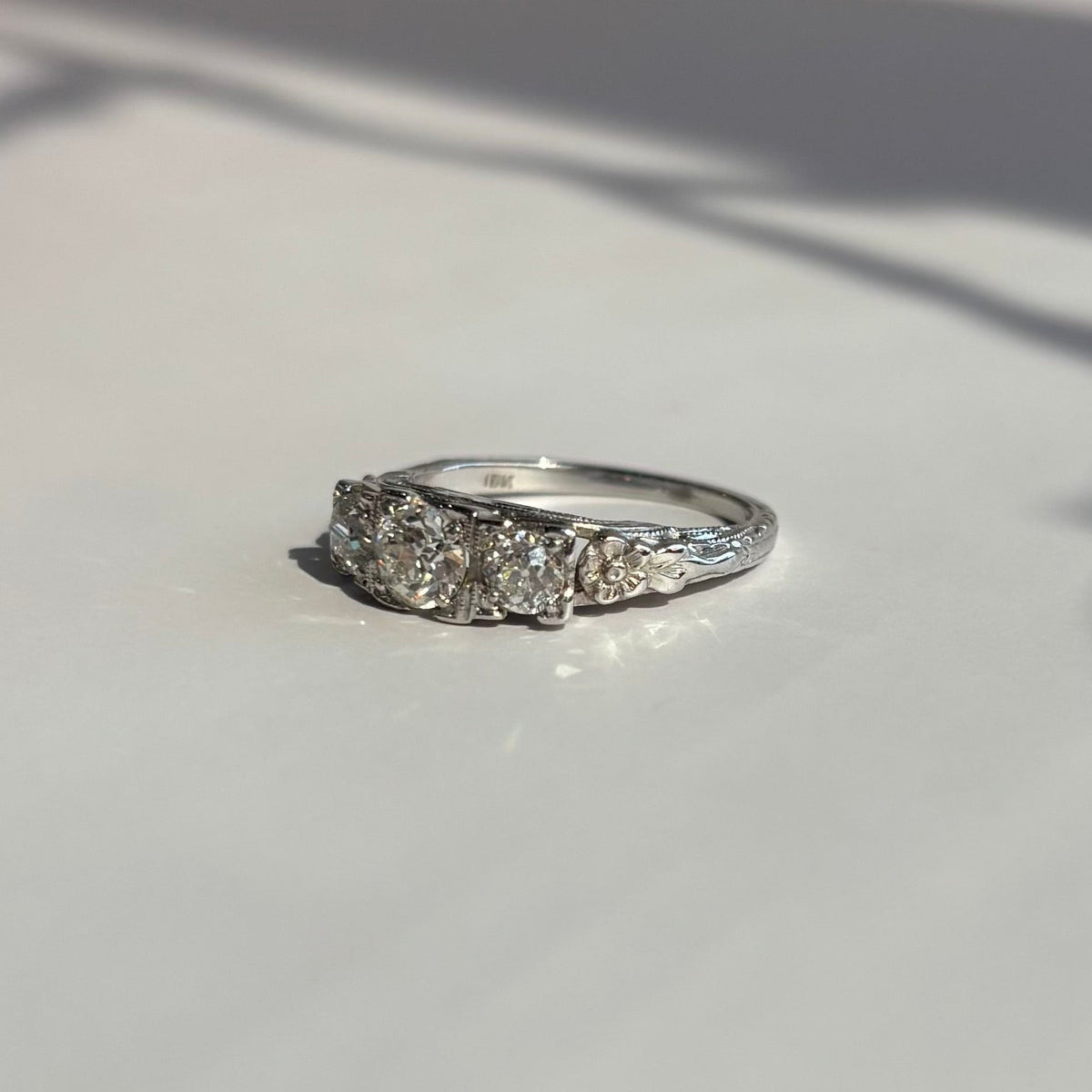 1920s Floral 3-Stone 0.85ct Diamond Engagement Ring | 18K White Gold | Vintage