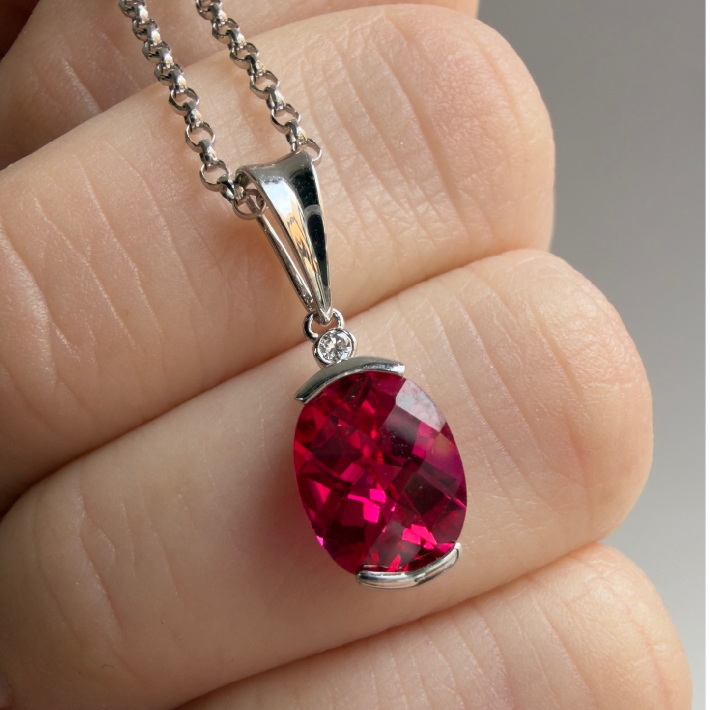 Half Bezel Ruby Pendant Necklace | Oval | Sterling Silver