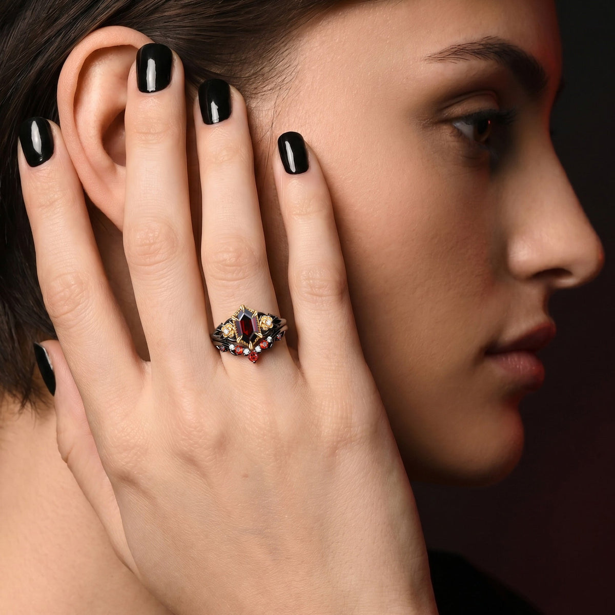 Nature Inspired Long Hexagon Garnet 'Thorns & Roses' Two-Tone Engagement Ring Set 2pcs