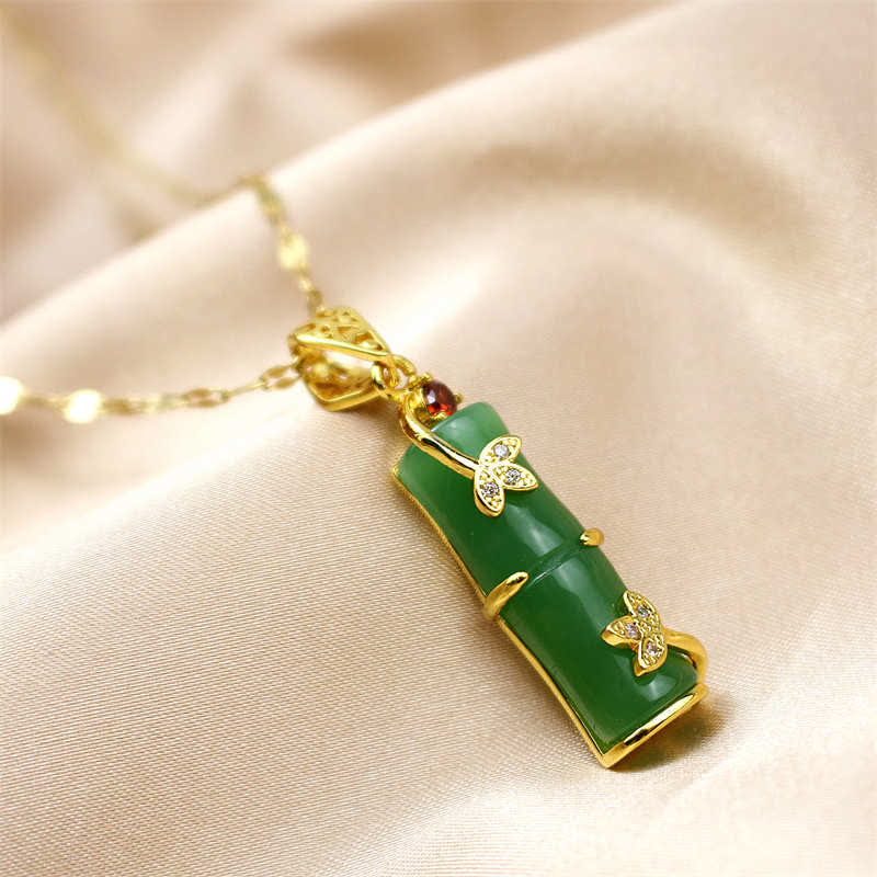 Fortune Jewel White Jade Cyan Jade Bamboo Luck Protection Necklace Pendant