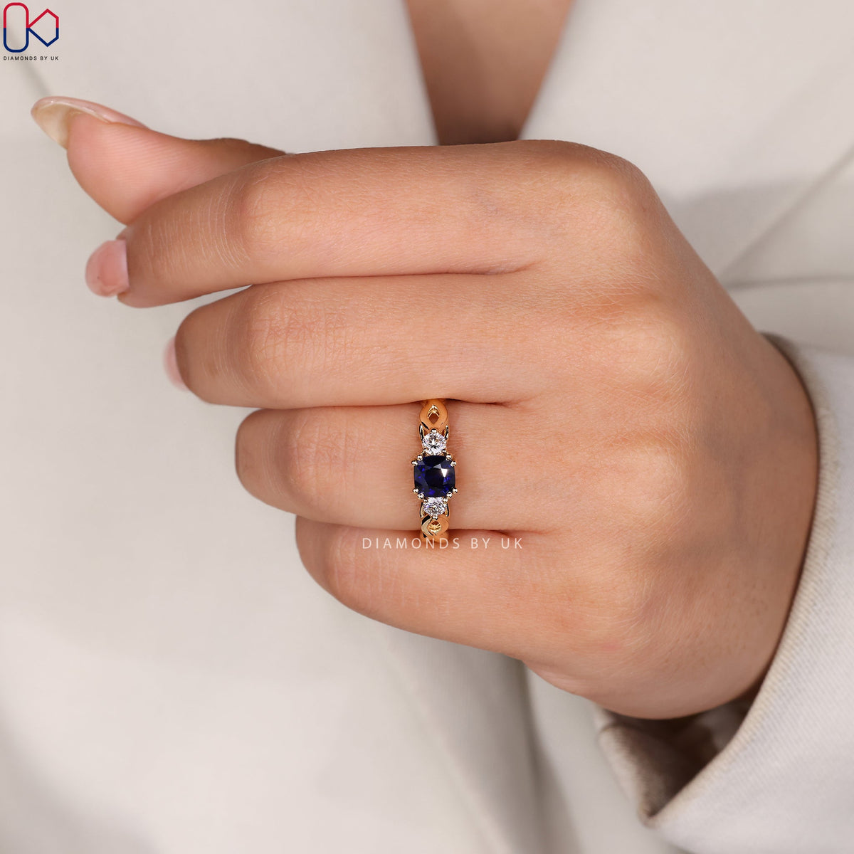 Yellow Gold Cushion Cut Blue Sapphire Engagement Ring