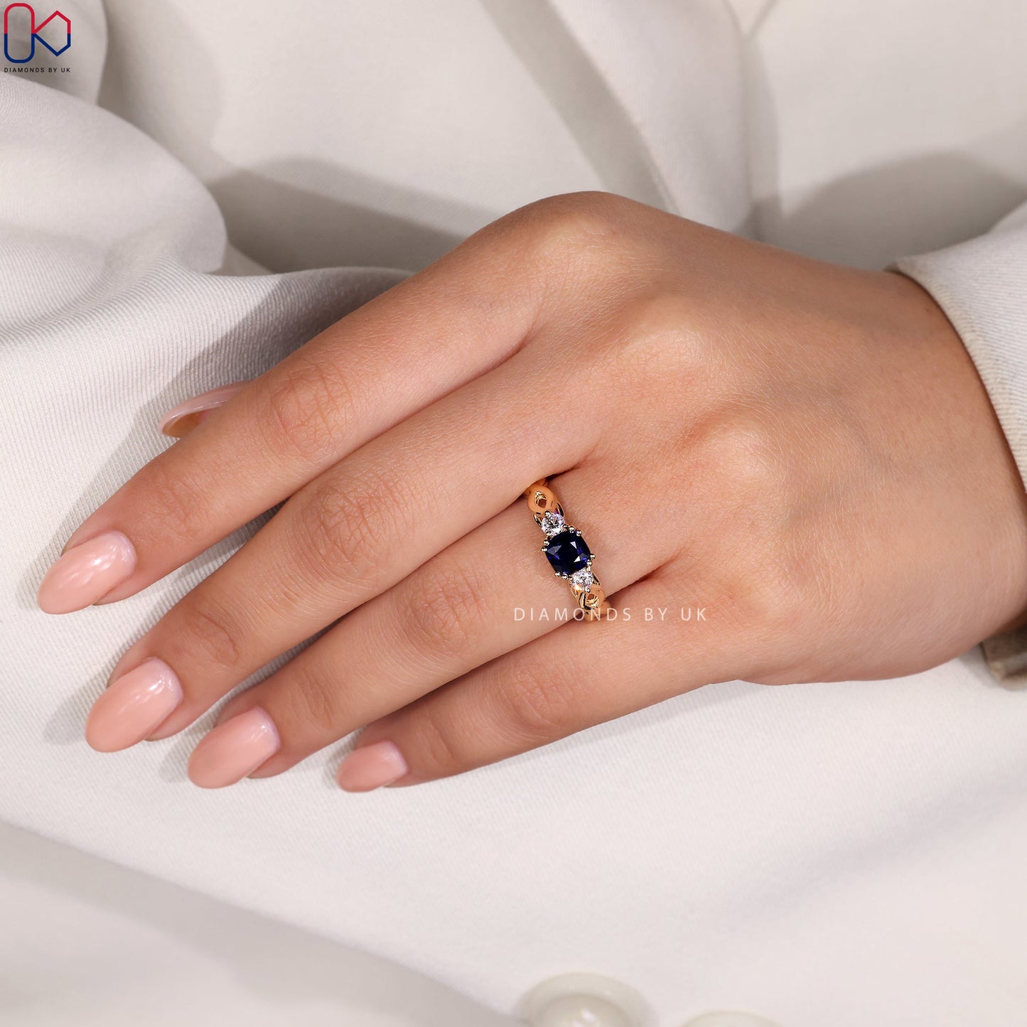 Yellow Gold Cushion Cut Blue Sapphire Engagement Ring
