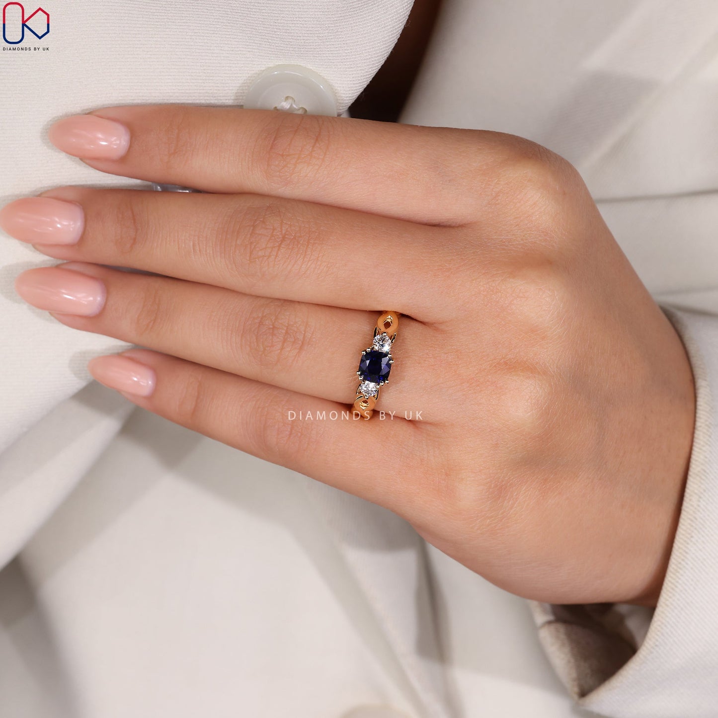 Yellow Gold Cushion Cut Blue Sapphire Engagement Ring
