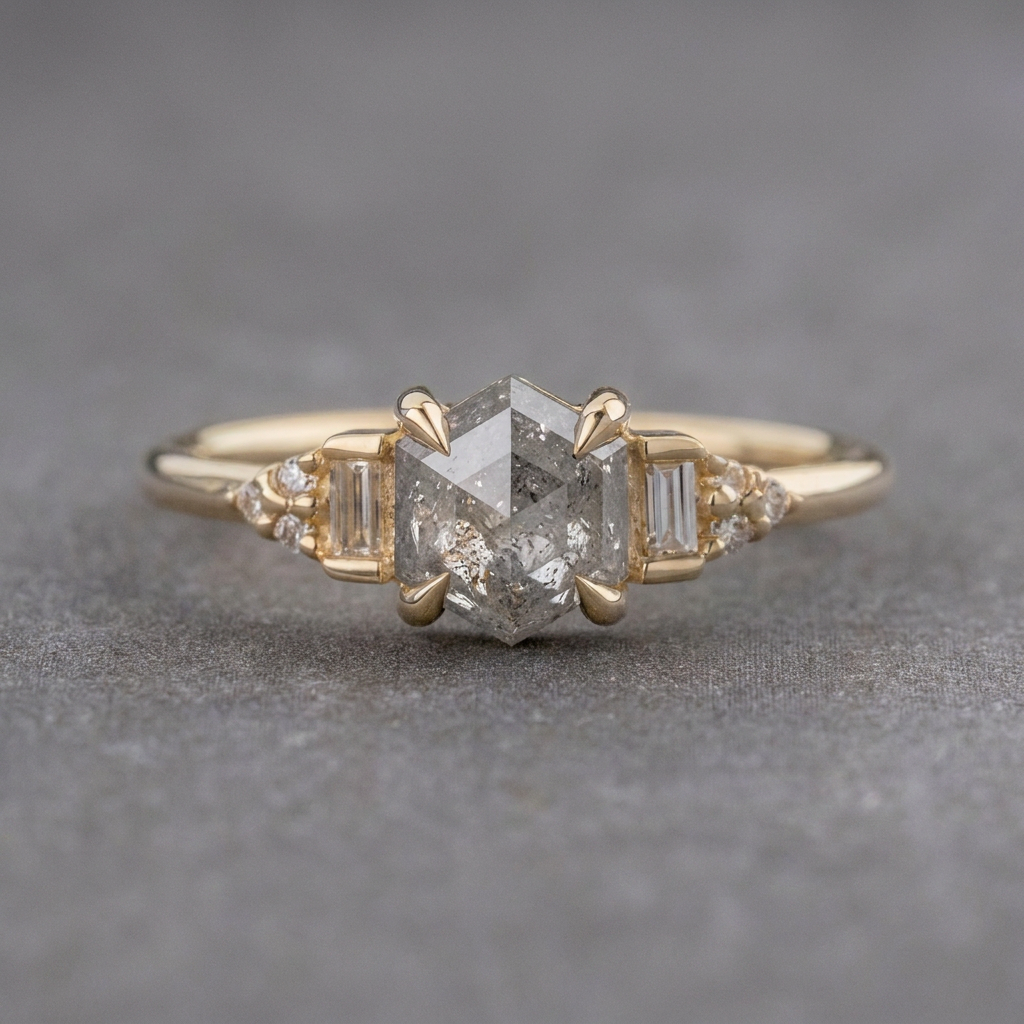.99 Carat Salt and Pepper Hexagon Diamond Engagement Ring, Dahlia Setting