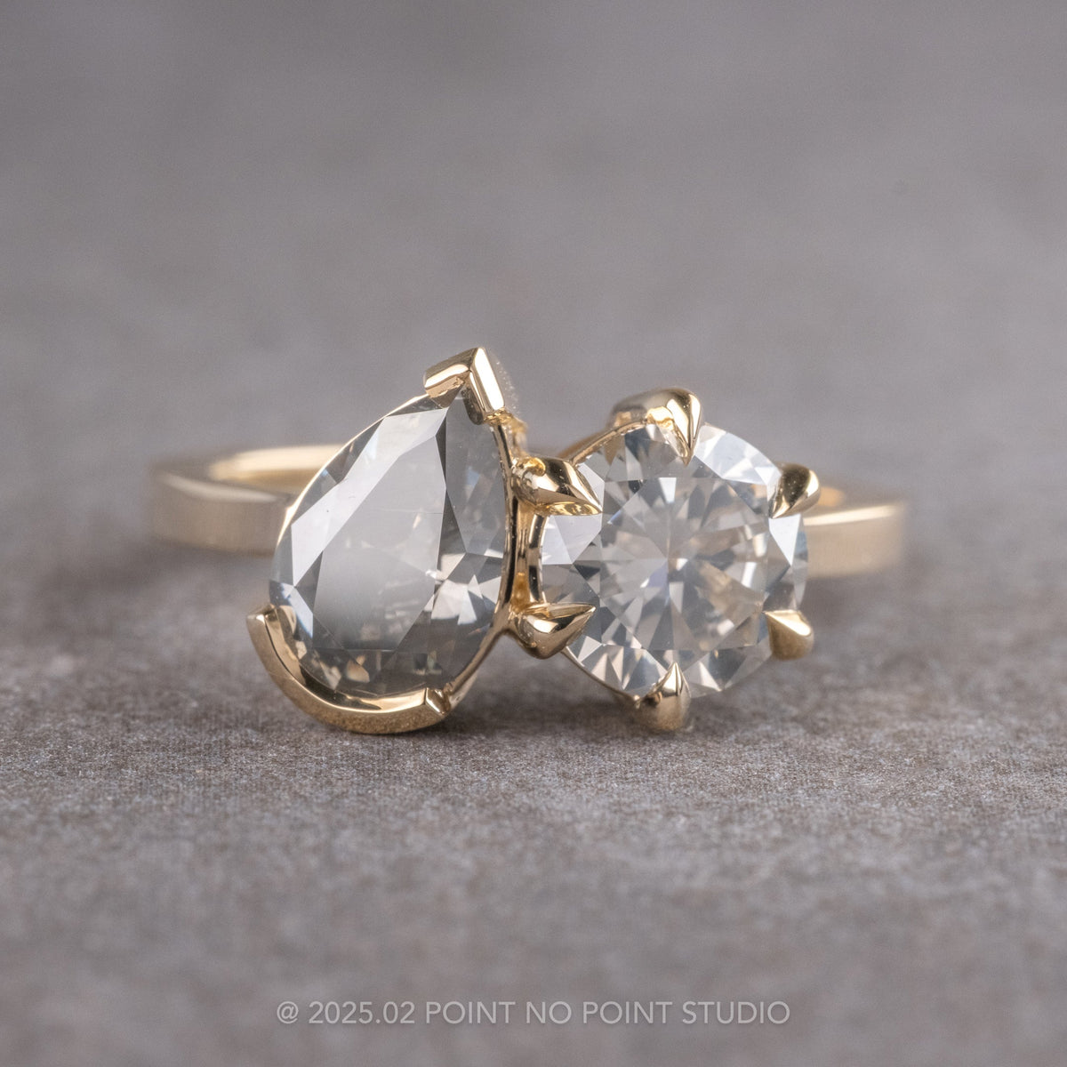 2.46 Carat Fancy Grey Pear and Round Diamond Engagement Ring, Odette Odile Setting, 14k Yellow Gold
