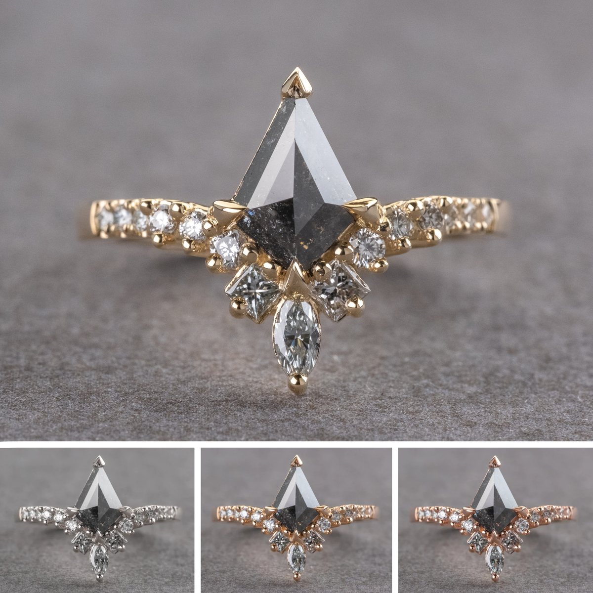 1 Carat Black Salt and Pepper Kite Diamond Engagement Ring, Willa Setting