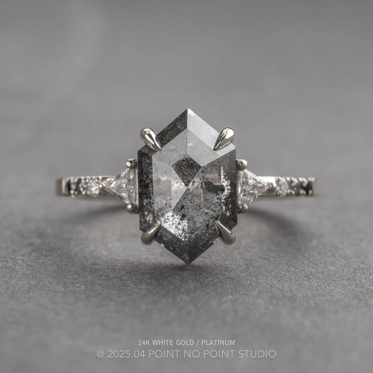 1.80 Carat Salt and Pepper Hexagon Diamond Engagement Ring, Ombre Eliza Setting