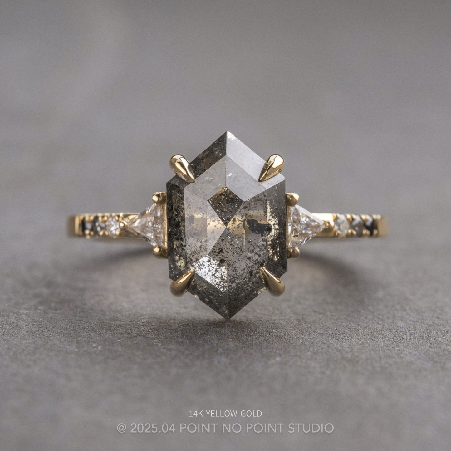1.80 Carat Salt and Pepper Hexagon Diamond Engagement Ring, Ombre Eliza Setting