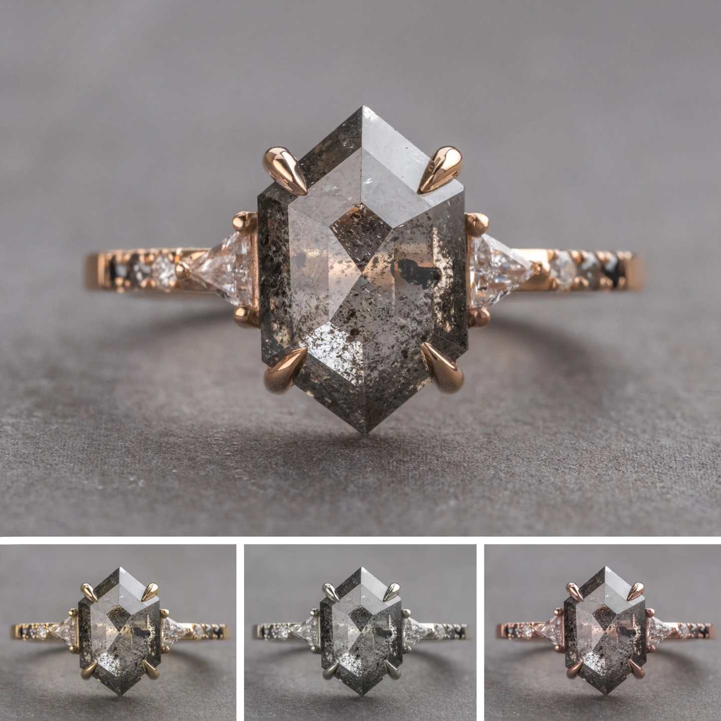 1.80 Carat Salt and Pepper Hexagon Diamond Engagement Ring, Ombre Eliza Setting