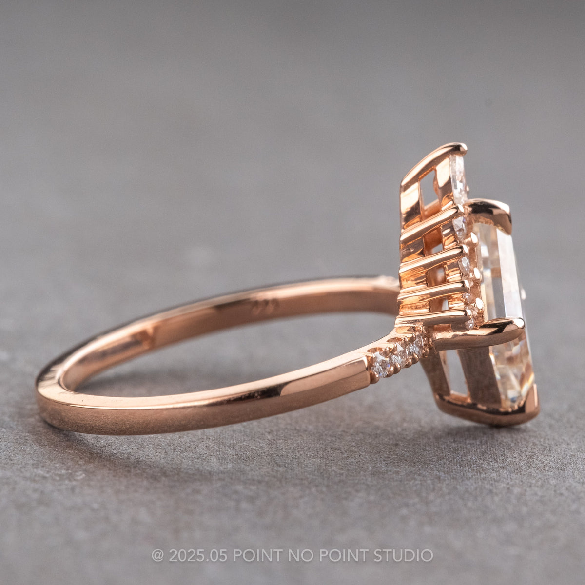 1.68 Carat Lozenge Moissanite Engagement Ring, Avaline Setting, 14k Rose Gold