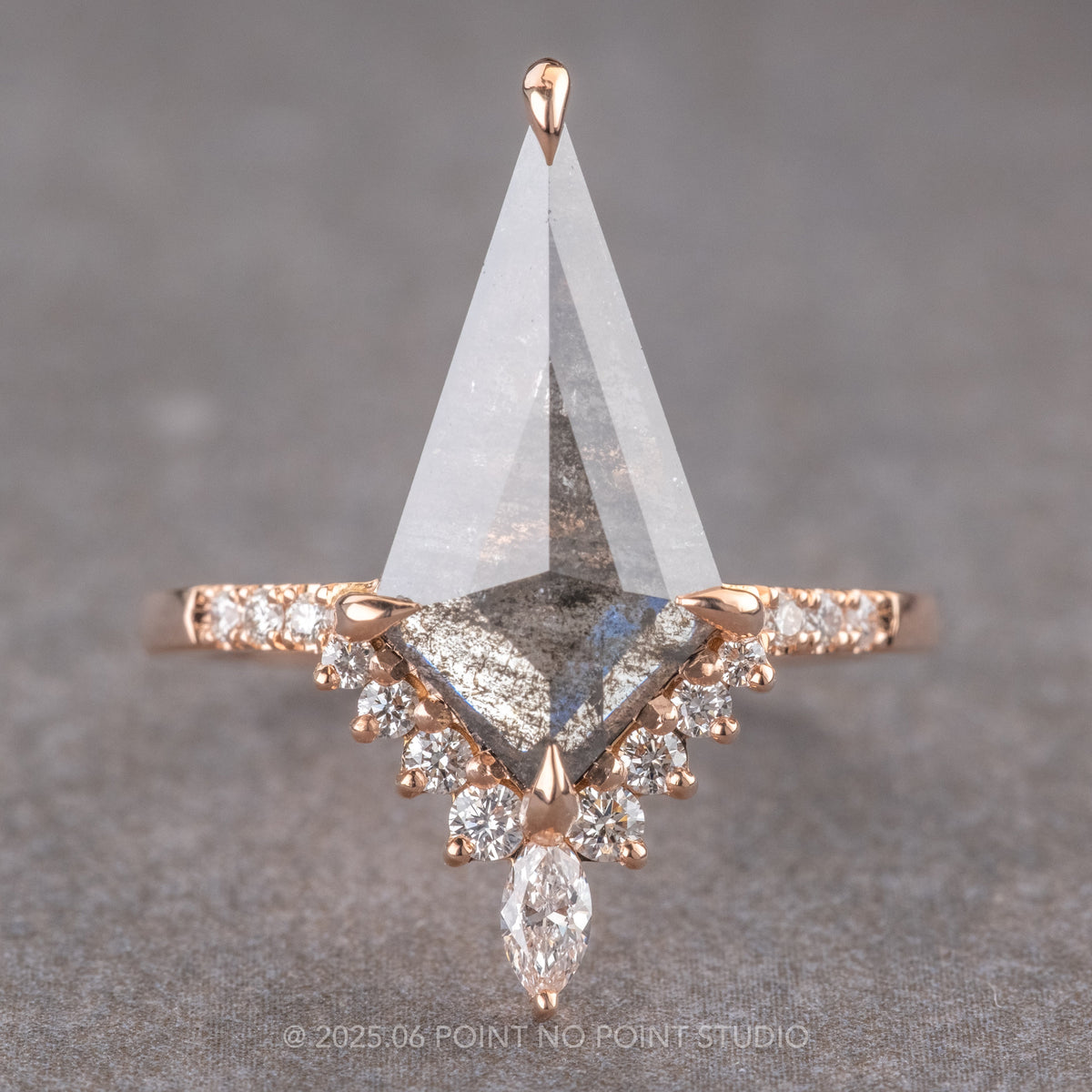 2.33 Carat Black Speckled Kite Diamond Engagement Ring, Avaline Setting, 14K Rose Gold