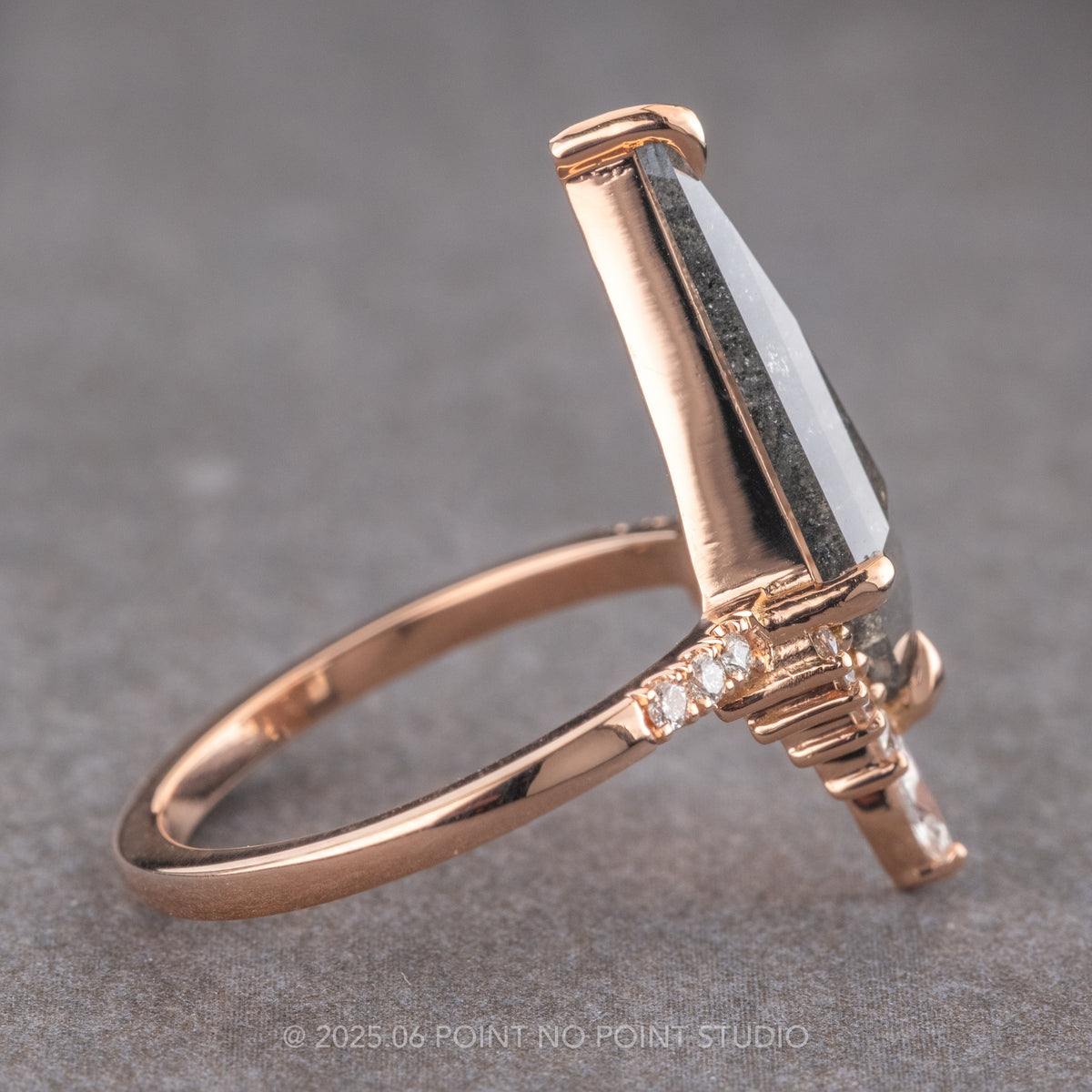 2.33 Carat Black Speckled Kite Diamond Engagement Ring, Avaline Setting, 14K Rose Gold