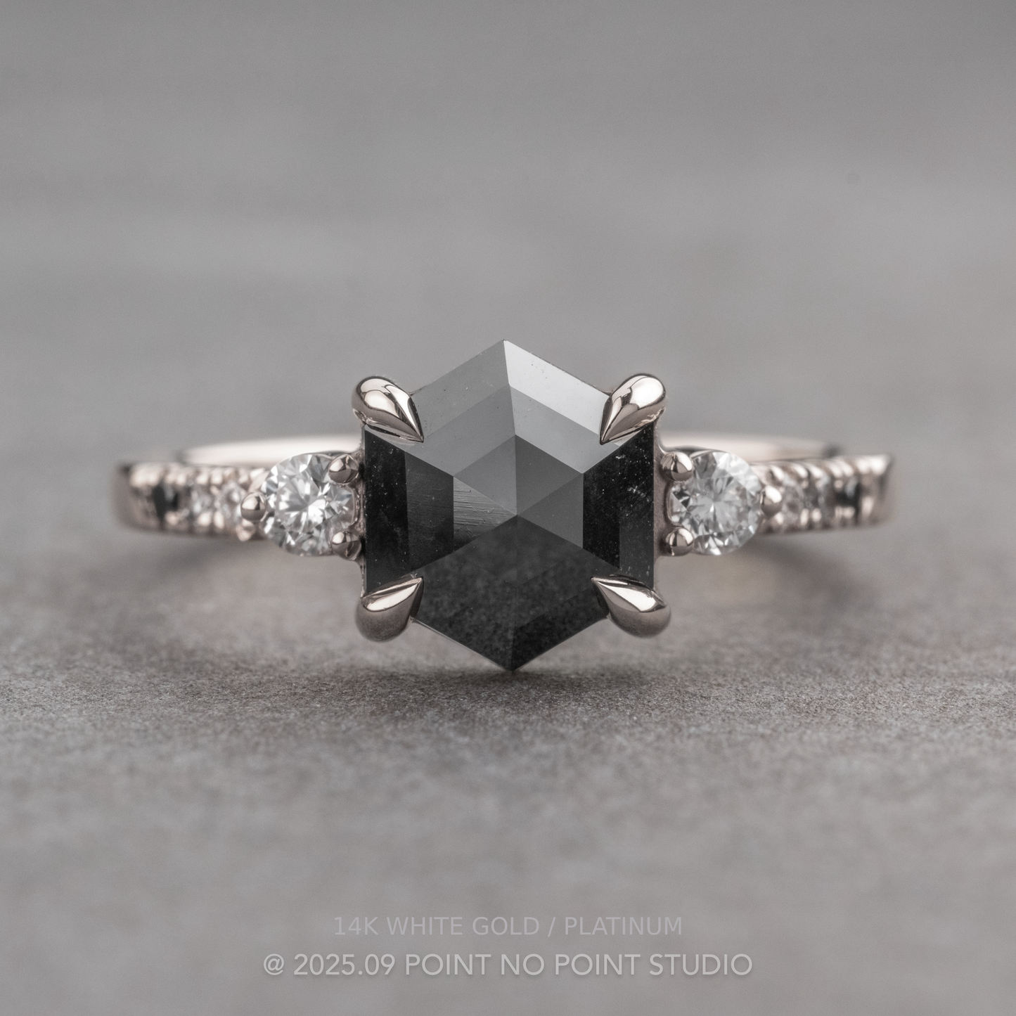 1.87 Carat Black Hexagon Diamond Engagement Ring, Ombre Eliza Setting