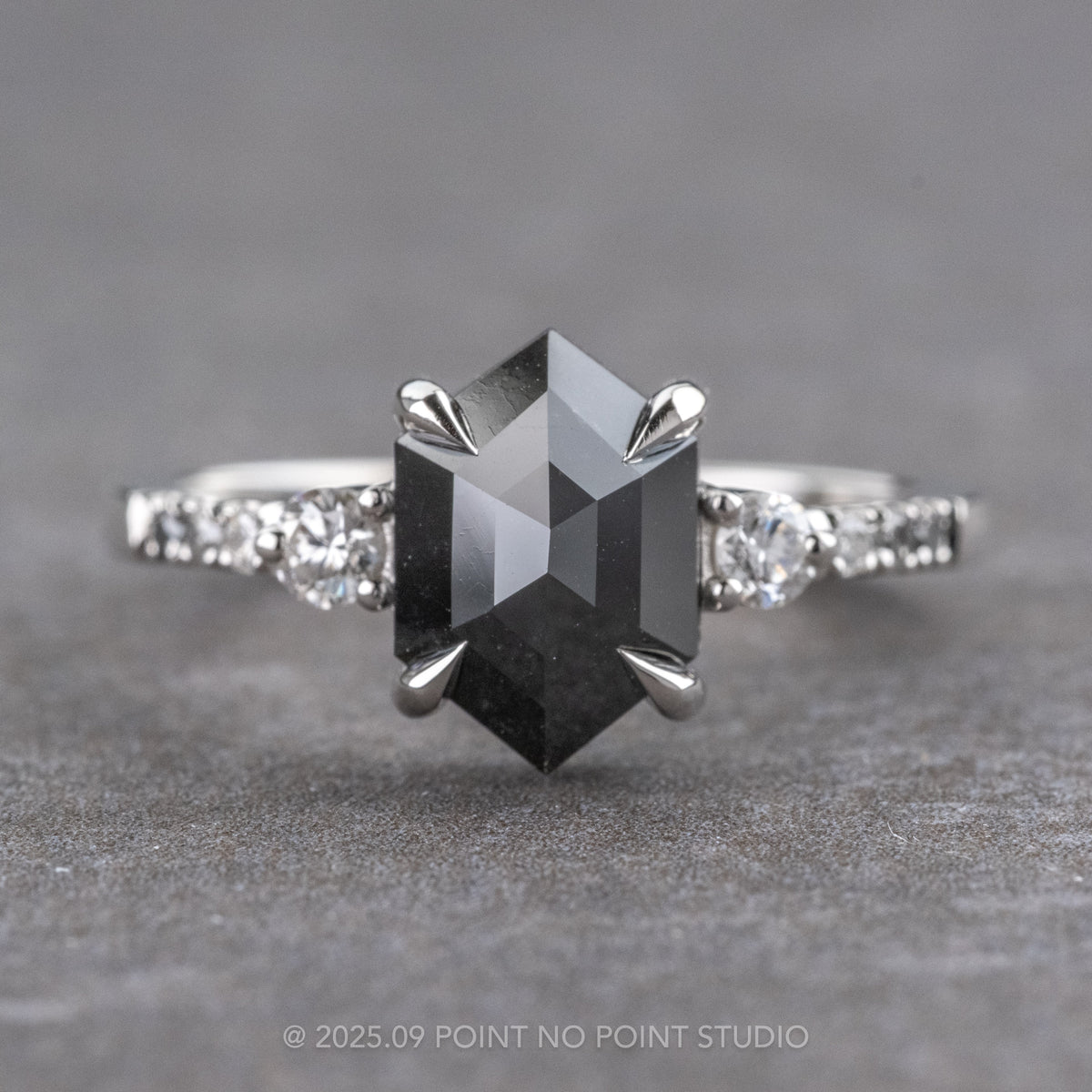 1.70 Carat Black Hexagon Diamond Engagement Ring, Ombre Eliza Setting, Platinum
