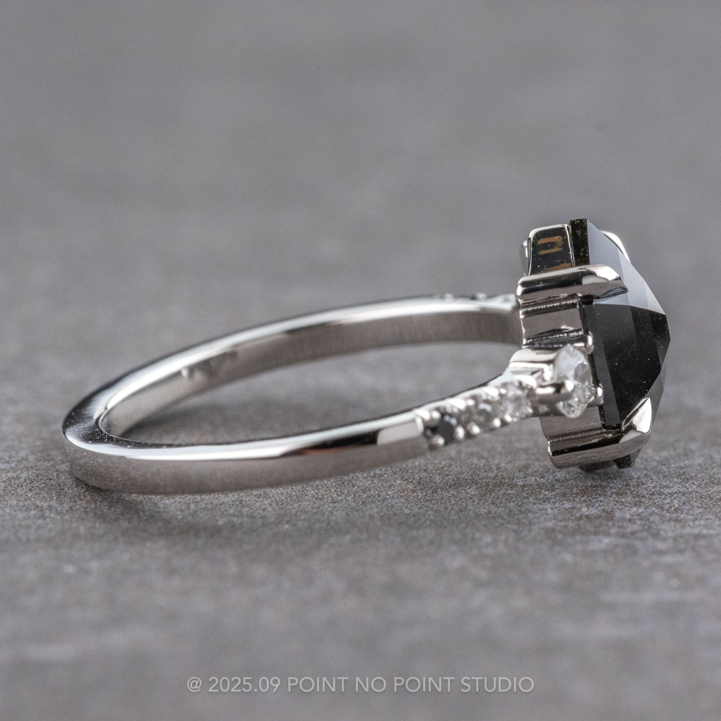 1.70 Carat Black Hexagon Diamond Engagement Ring, Ombre Eliza Setting, Platinum