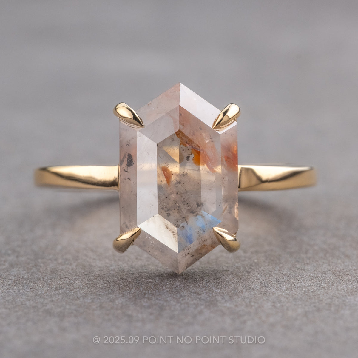 2.23 Carat Icy Grey with Orange Hexagon Diamond Engagement Ring, Jane Setting, 14k Yellow Gold