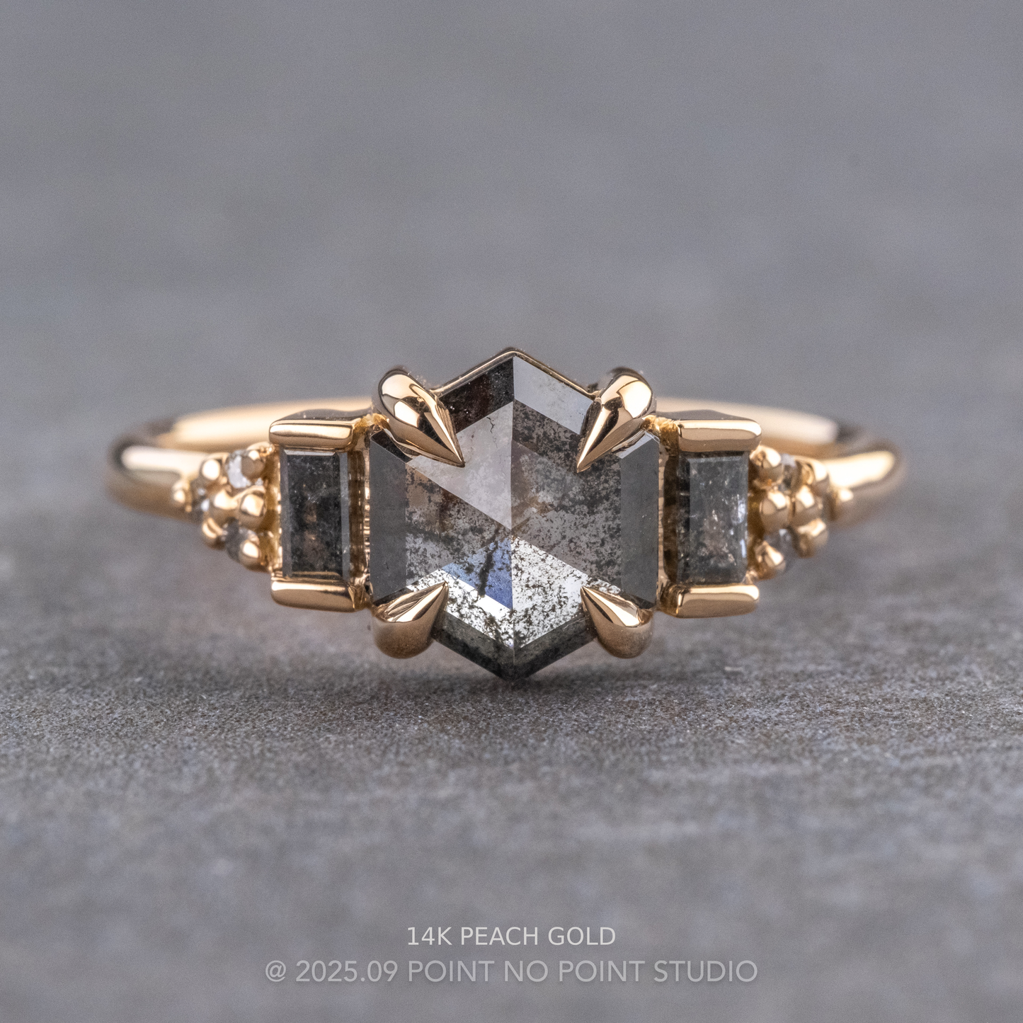 .98 Carat Black Speckled Hexagon Diamond Engagement Ring, Dahlia Setting