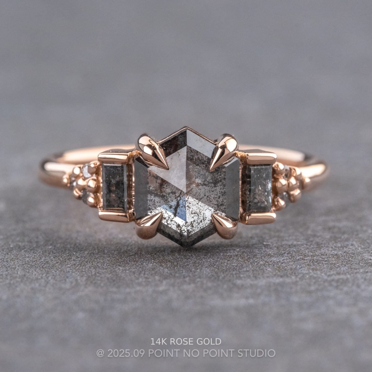 .98 Carat Black Speckled Hexagon Diamond Engagement Ring, Dahlia Setting