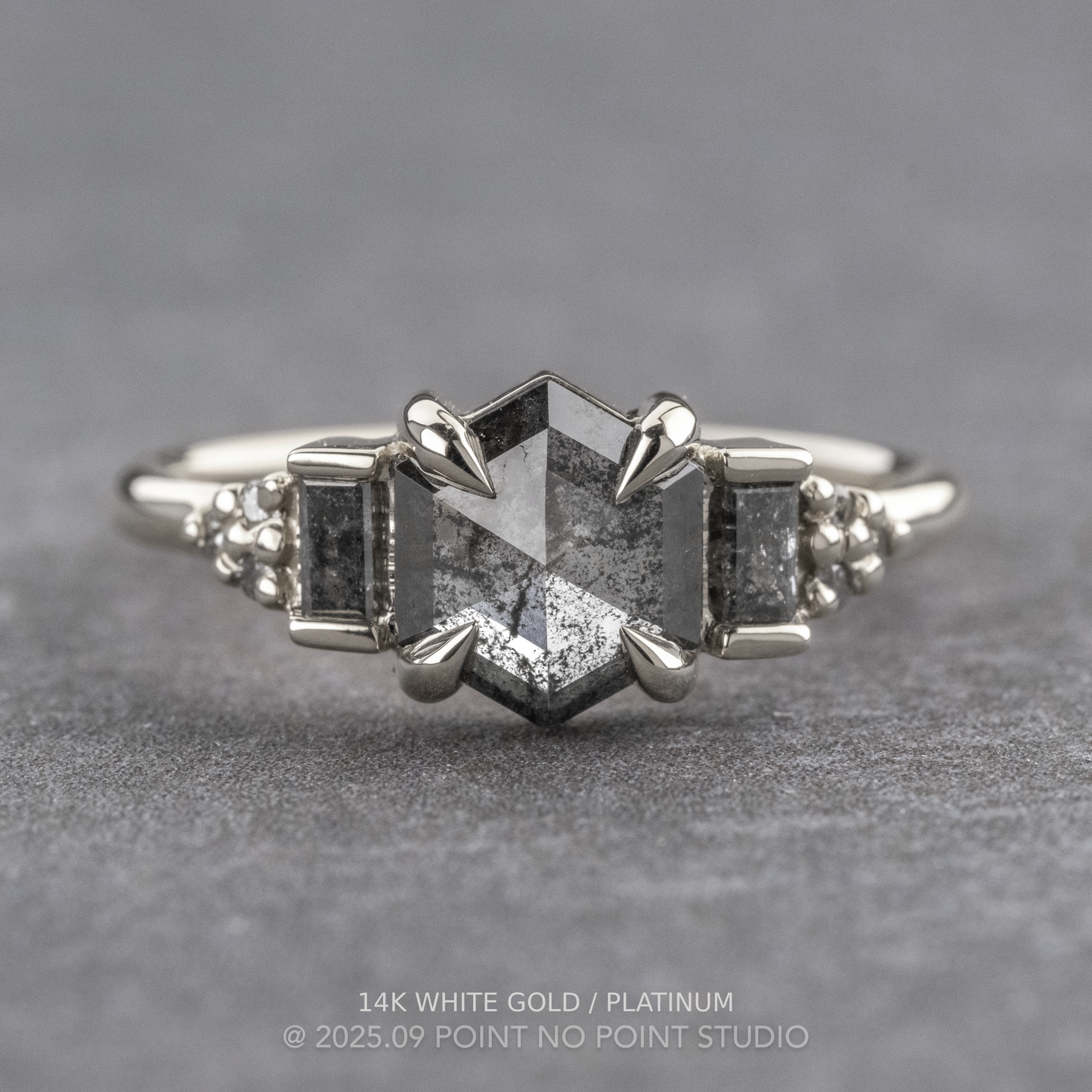 .98 Carat Black Speckled Hexagon Diamond Engagement Ring, Dahlia Setting
