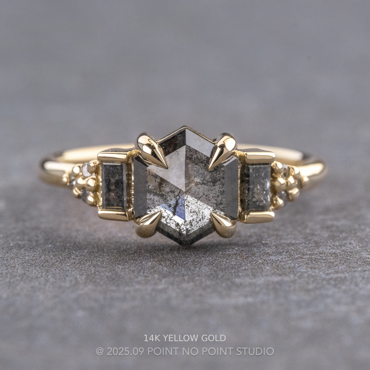 .98 Carat Black Speckled Hexagon Diamond Engagement Ring, Dahlia Setting