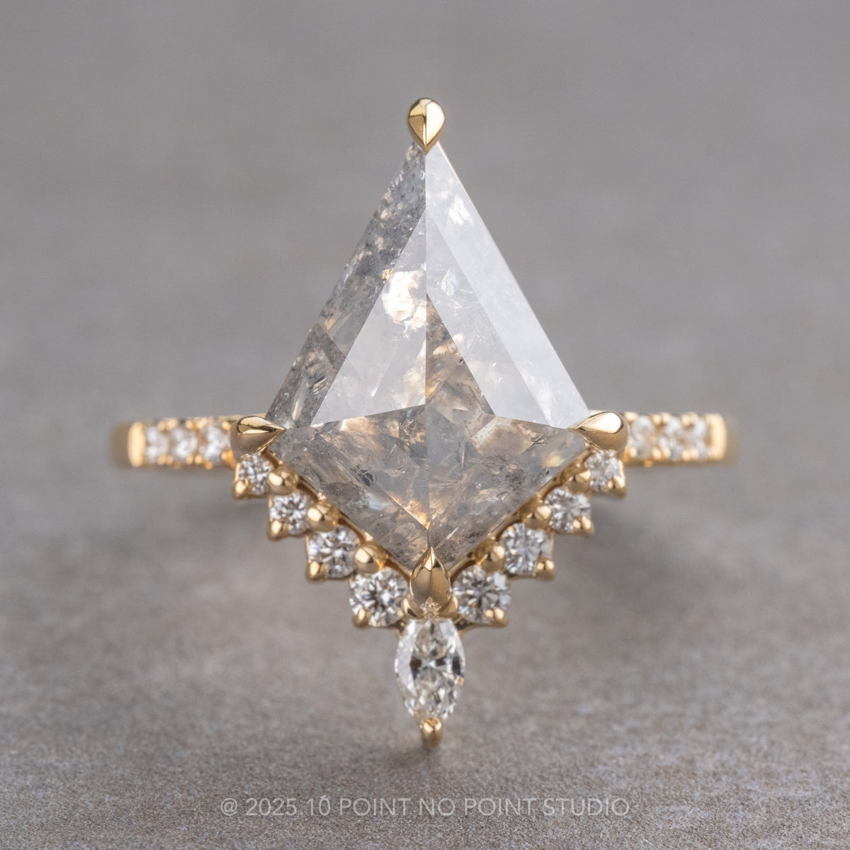 4.06 Carat Icy Grey Kite Diamond Engagement Ring, Avaline Setting, 14K Yellow Gold