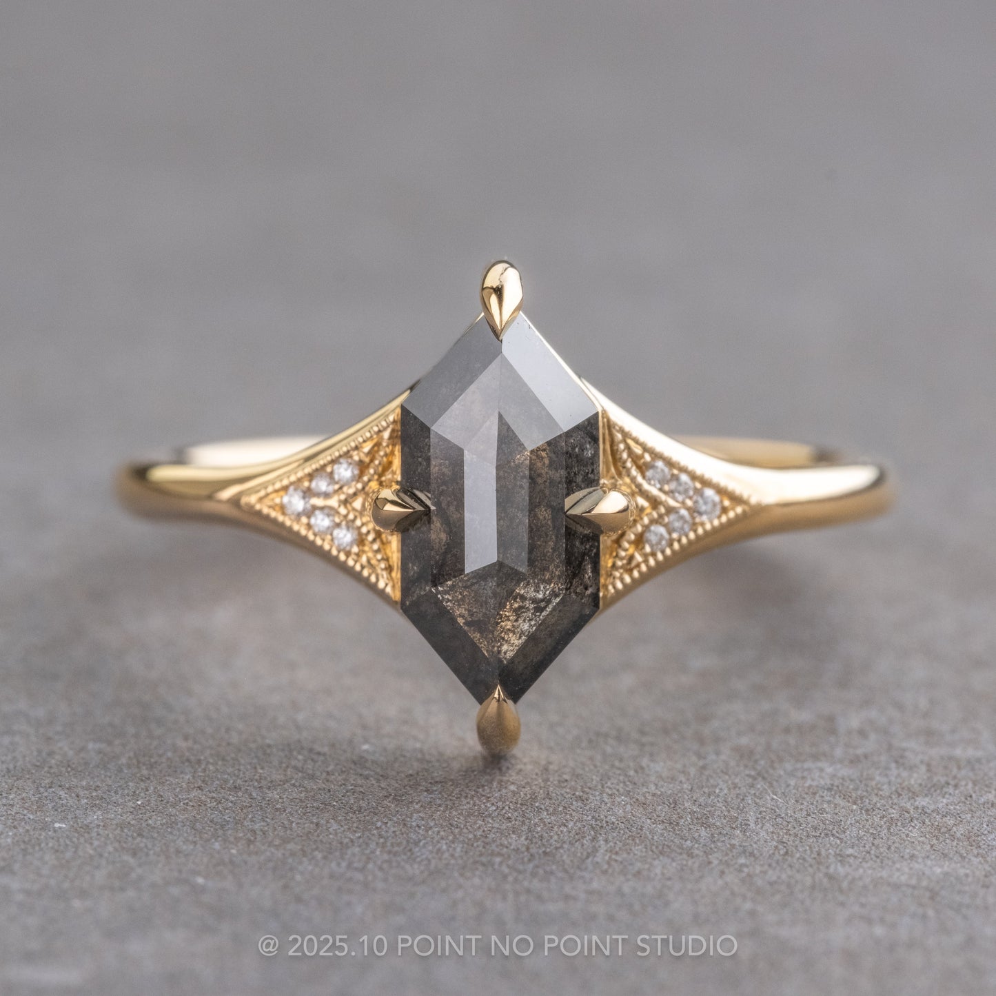 1.23 Carat Black Speckled Hexagon Diamond Engagement Ring, Aela Setting, 14K Yellow Gold