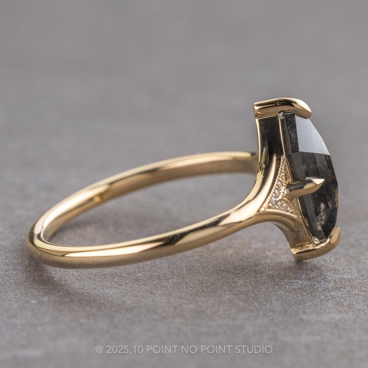 1.23 Carat Black Speckled Hexagon Diamond Engagement Ring, Aela Setting, 14K Yellow Gold