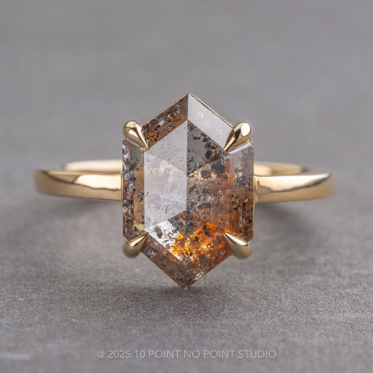 2.88 Carat Orange Salt and Pepper Hexagon Diamond Engagement Ring, Jane Setting, 14k Yellow Gold