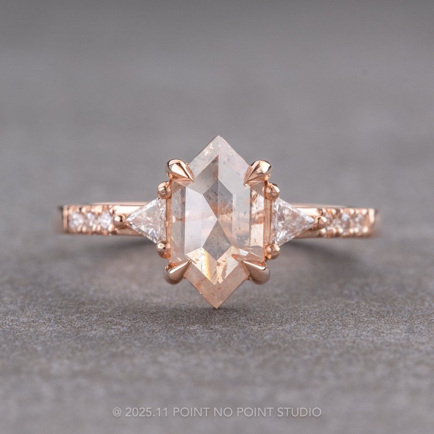 1.88 Carat Icy Orange Hexagon Diamond Engagement Ring, Eliza Setting, 14k Rose Gold