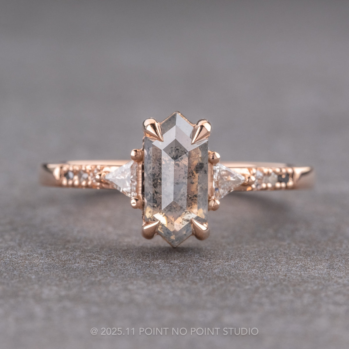 1.41 Carat Salt and Pepper Hexagon Diamond Engagement Ring, Ombre Eliza Setting, 14K Rose Gold
