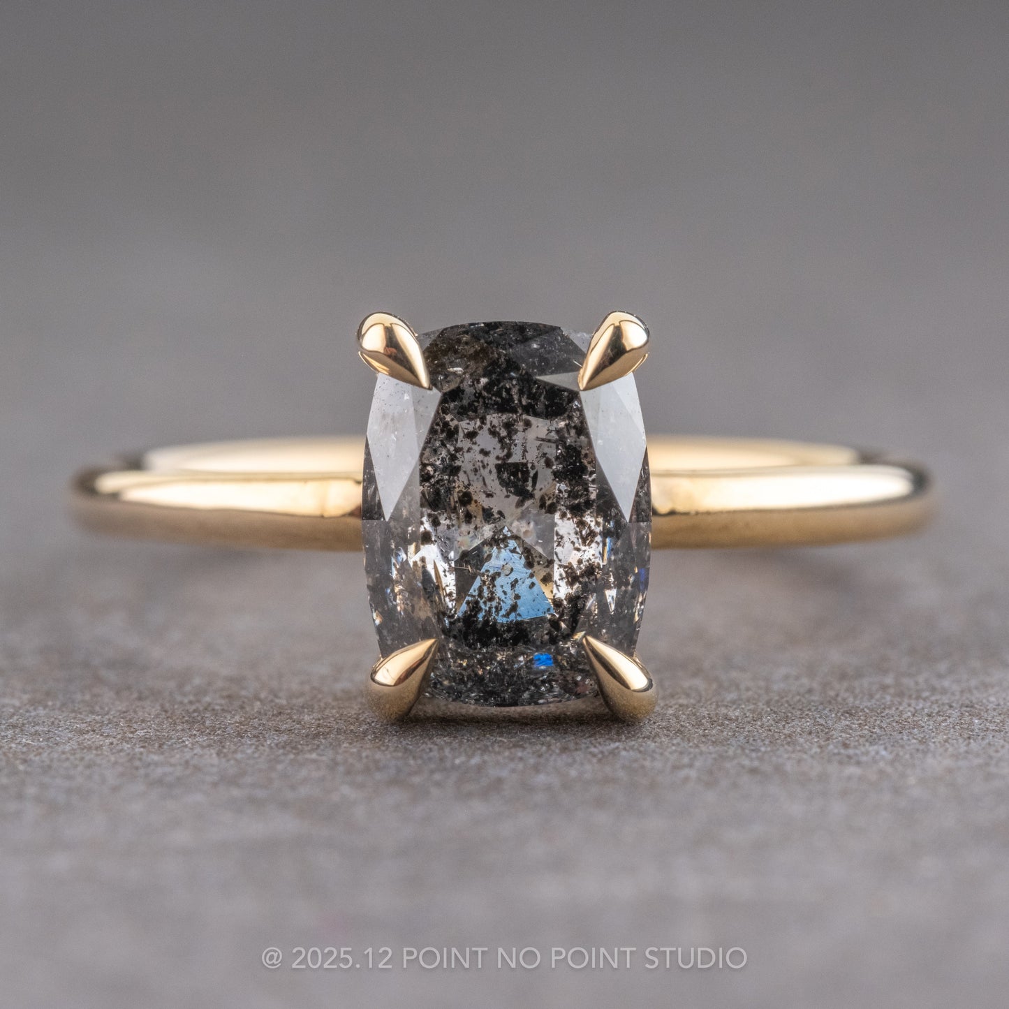 1.74 Carat Salt and Pepper Elongated Cushion Diamond Engagement Ring, Basket Jane Setting, 14K Yellow Gold