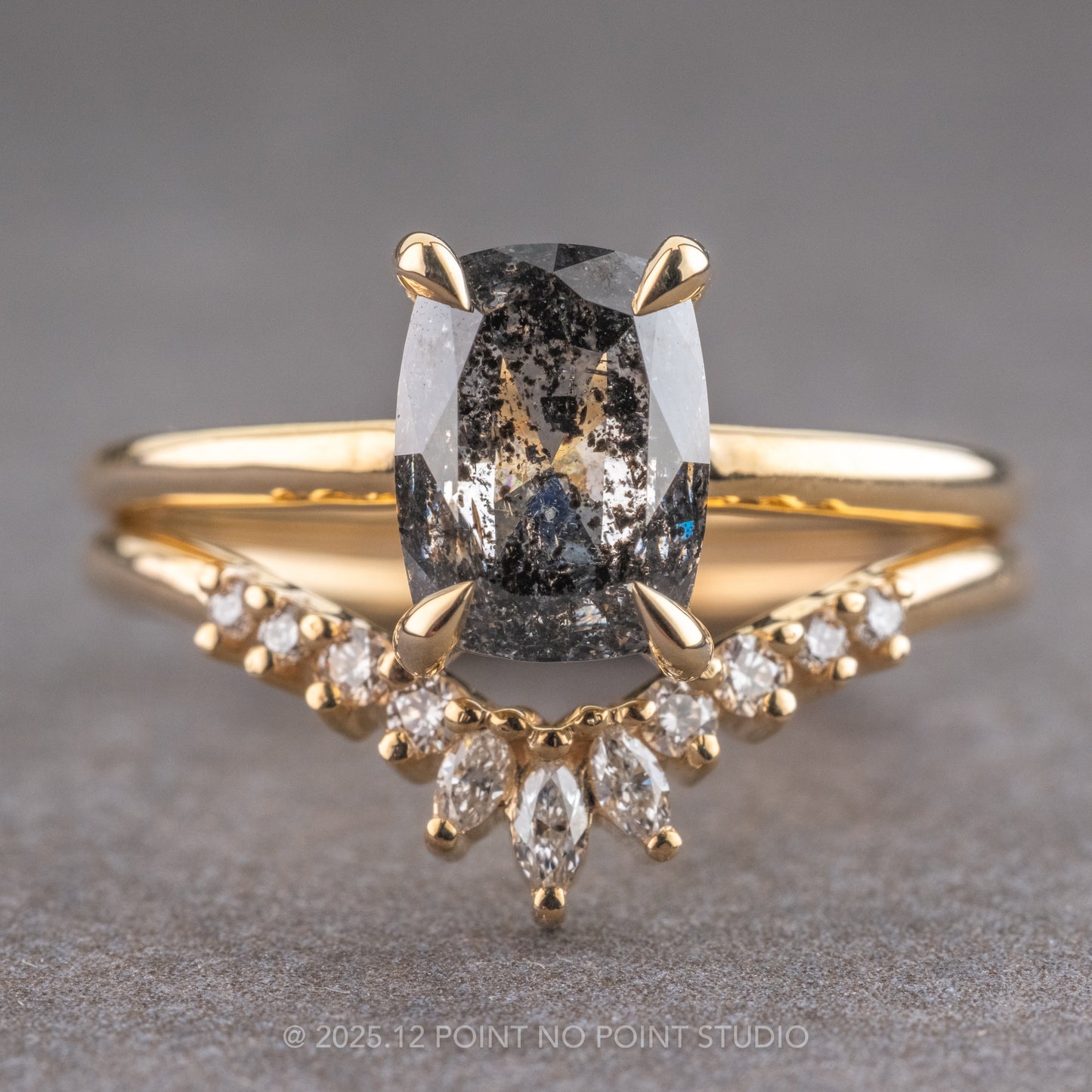 1.74 Carat Salt and Pepper Elongated Cushion Diamond Engagement Ring, Basket Jane Setting, 14K Yellow Gold