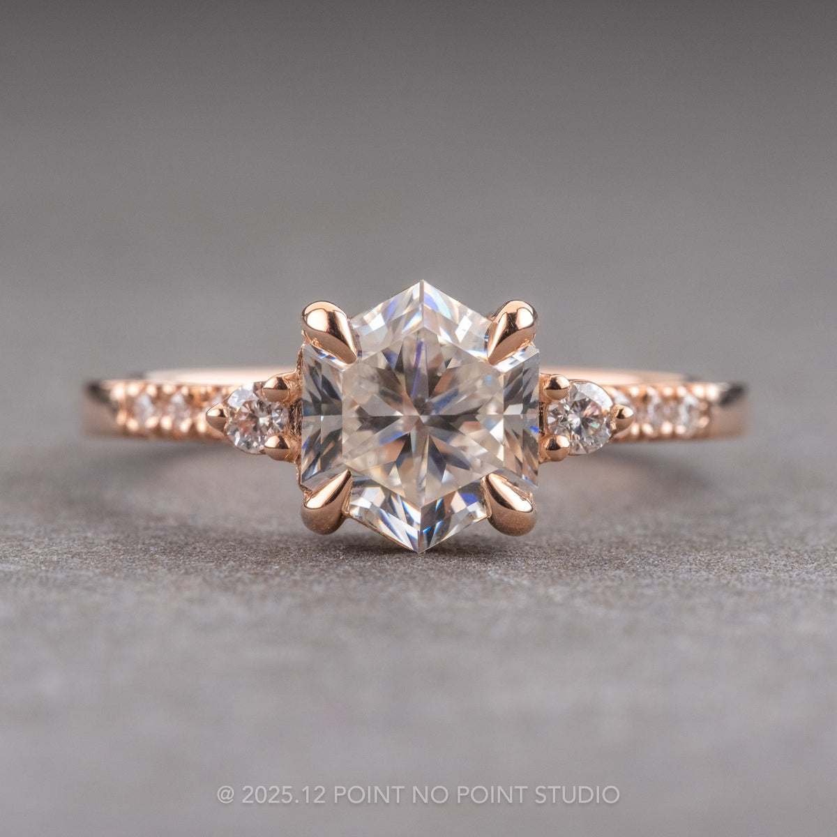 1.50 Carat Hexagon Moissanite Engagement Ring, Eliza Setting, 14k Rose Gold
